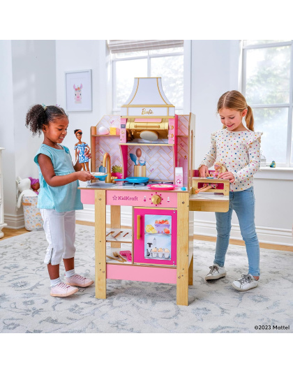 KidKraft Cook with Barbie™ Wooden Play Kitchen with Lights, Sounds, Water-Reveal Food and 30 Accessories