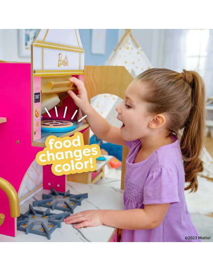 KidKraft Cook with Barbie™ Wooden Play Kitchen with Lights, Sounds, Water-Reveal Food and 30 Accessories