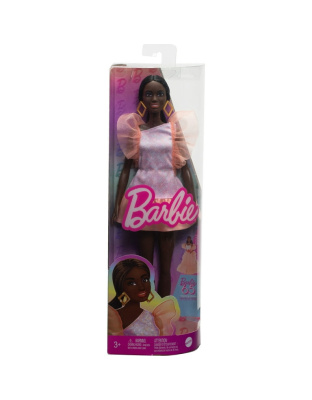 Barbie Fashionistas Doll #216 with Tall Body, Black Straight Hair &amp; Peach Dress, 11.73 in