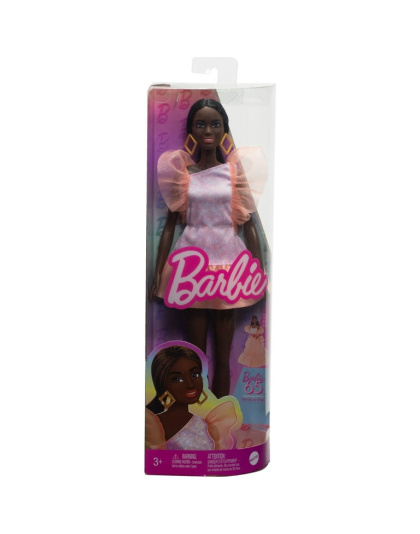 Barbie Fashionistas Doll #216 with Tall Body, Black Straight Hair &amp; Peach Dress, 11.73 in