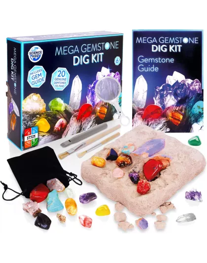 Mega Gemstone Dig Kit - 20 Real Life Gems &amp; Crystals -Science Kidz